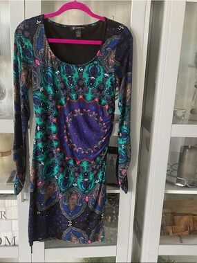 INC International Concepts Teal, Purple and Pink Long-Sleeve Scoop Dress